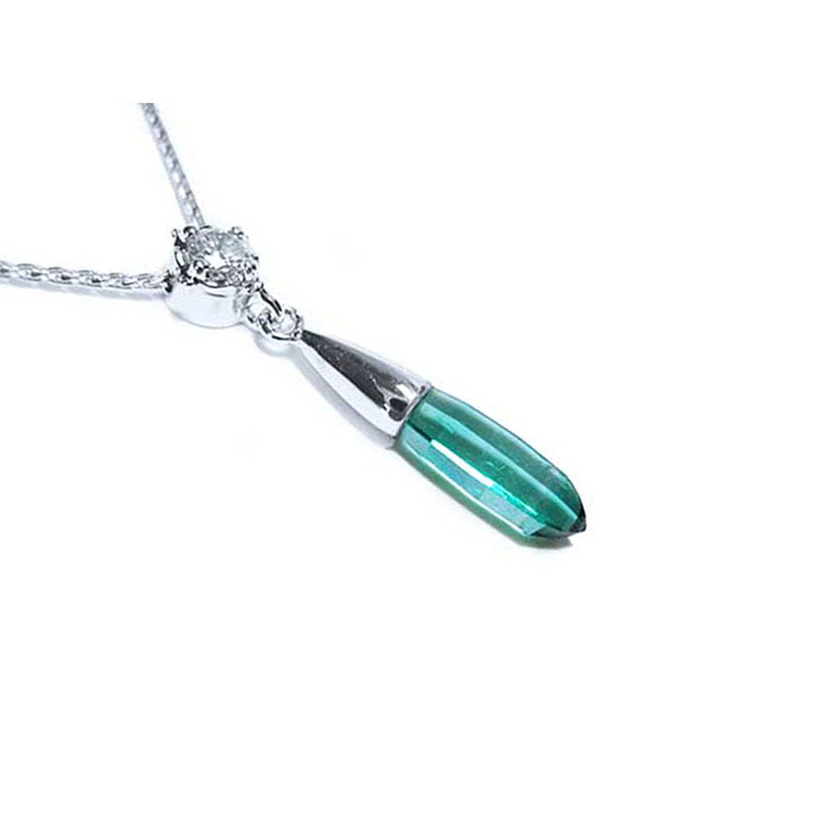 right view of a  emerald and diamond briolette necklace in 14k white gold with a natural diamond on top slider bail and 18" inches chain