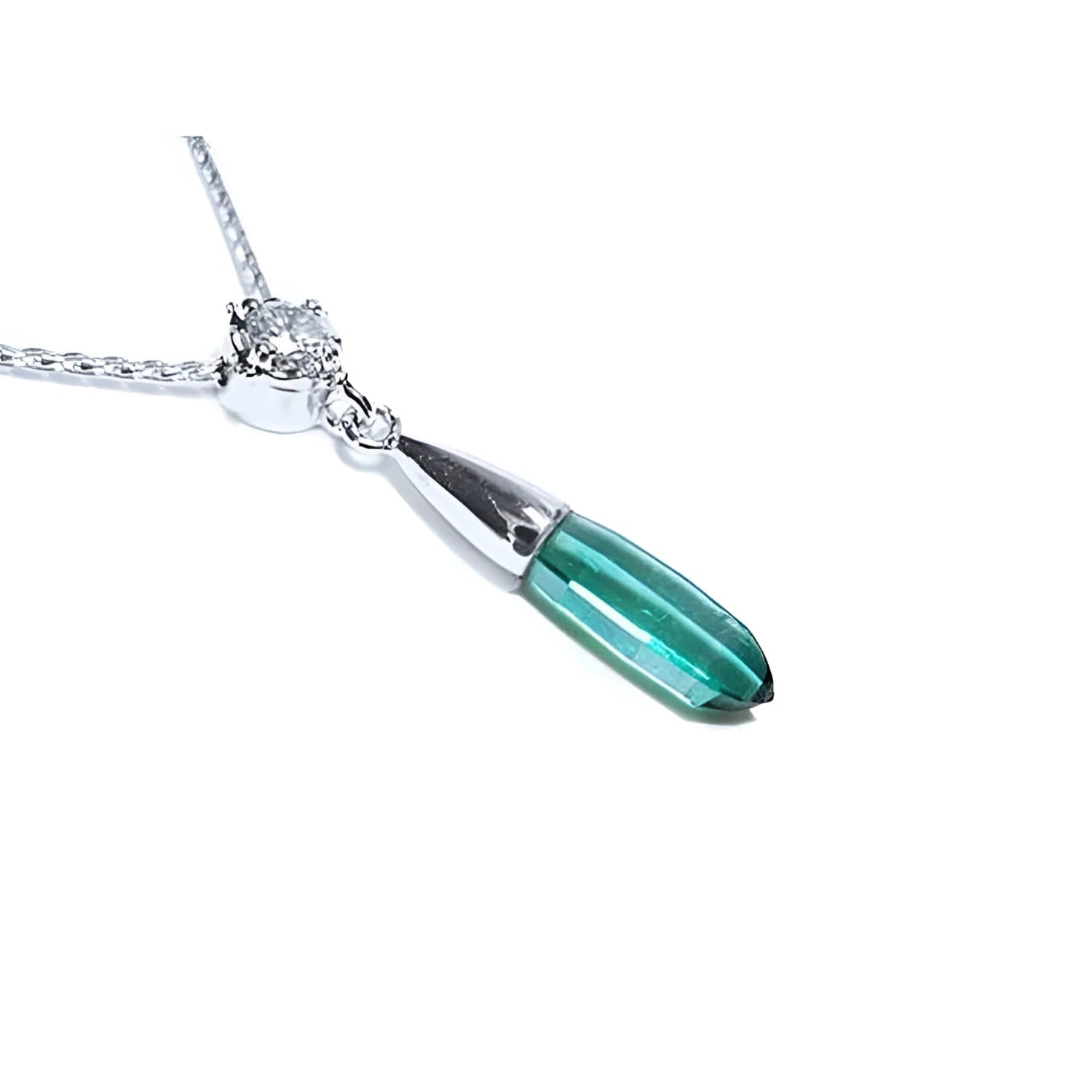 Emerald and diamond briolette necklace in 14k white gold with a natural diamond on top slider bail and 18" inches chain