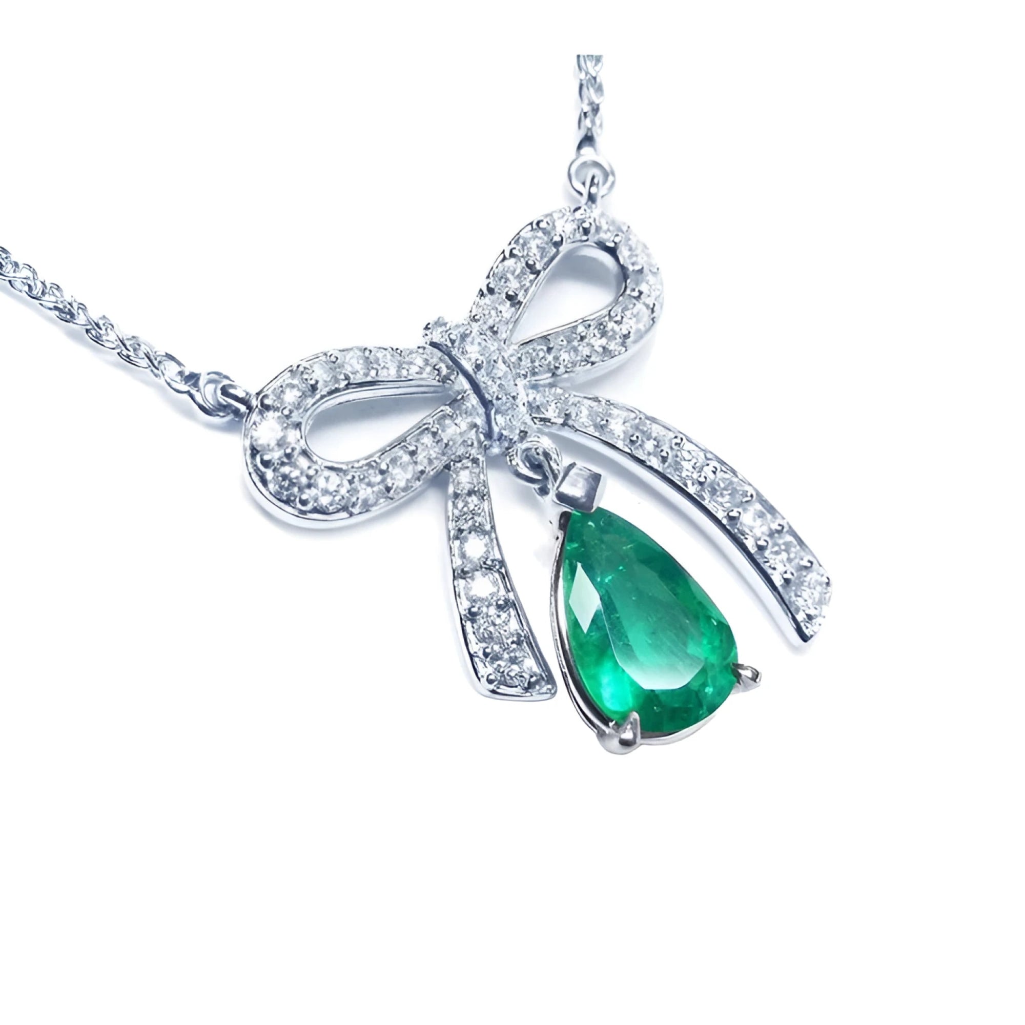 Natural emerald necklace bowtie design pear cut, with high quality natural diamonds pave set