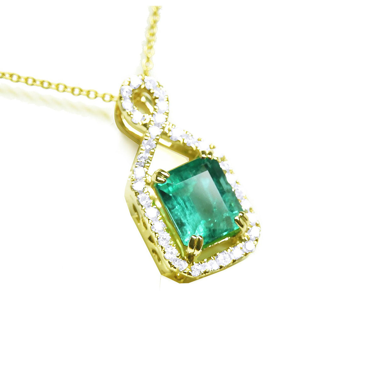 emerald jewelry necklace square emerald-cut in Colombia, halo diamond 14k yellow gold
