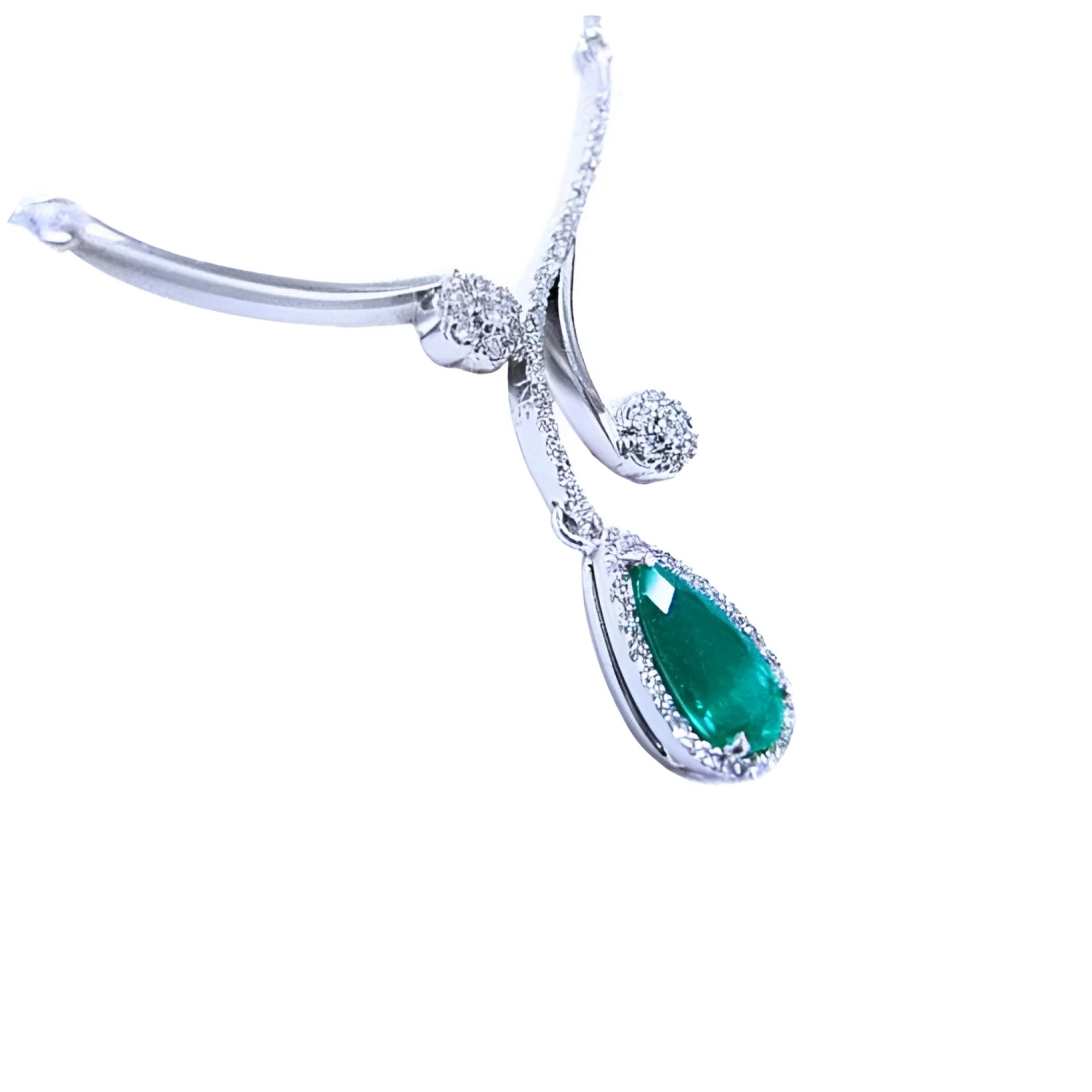 White gold necklace with a teardrop natural Colombian emerald pendant on a halo diamond.