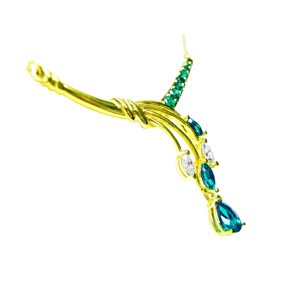 Right side view of a yellow gold necklace blended pear shaped marquises and round cut emeralds on a white background