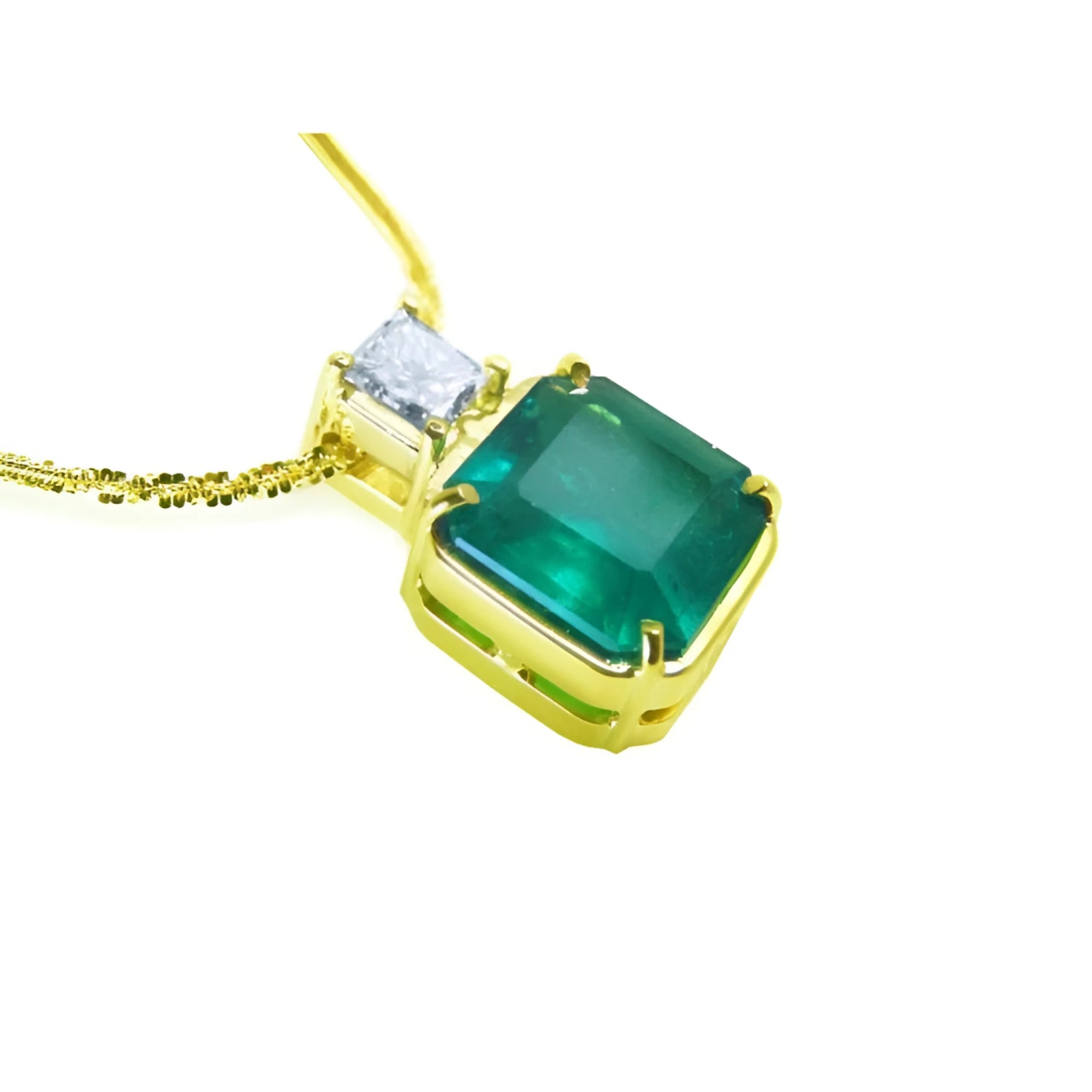 18K yellow gold necklace with a large asscher cut Colombian emerald and a princess cut diamond.