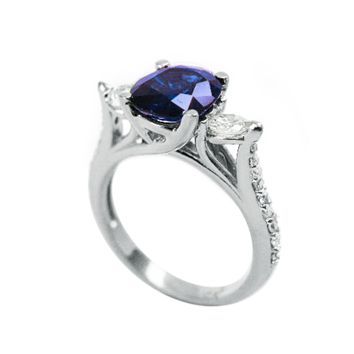 1.84 ct. Women&#39;s Natural Blue Sapphire Ring Side Diamonds Three Stone 14K White Gold