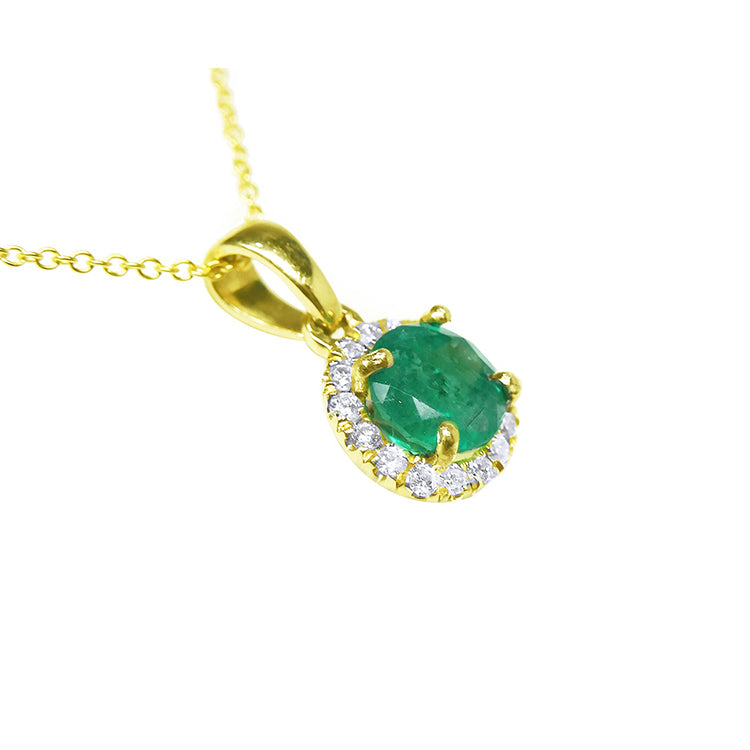Round cut natural Colombian emerald necklace halo diamond 14k yellow gold