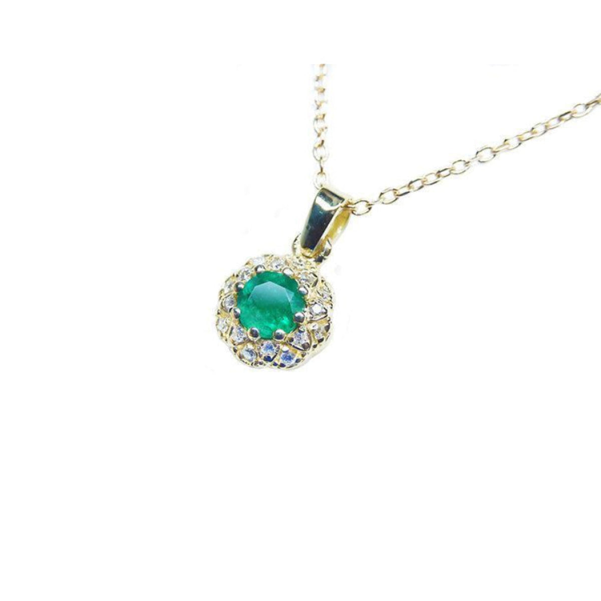 14K yellow gold minimalist necklace with a round-cut Colombian emerald and natural diamond halo pendant.