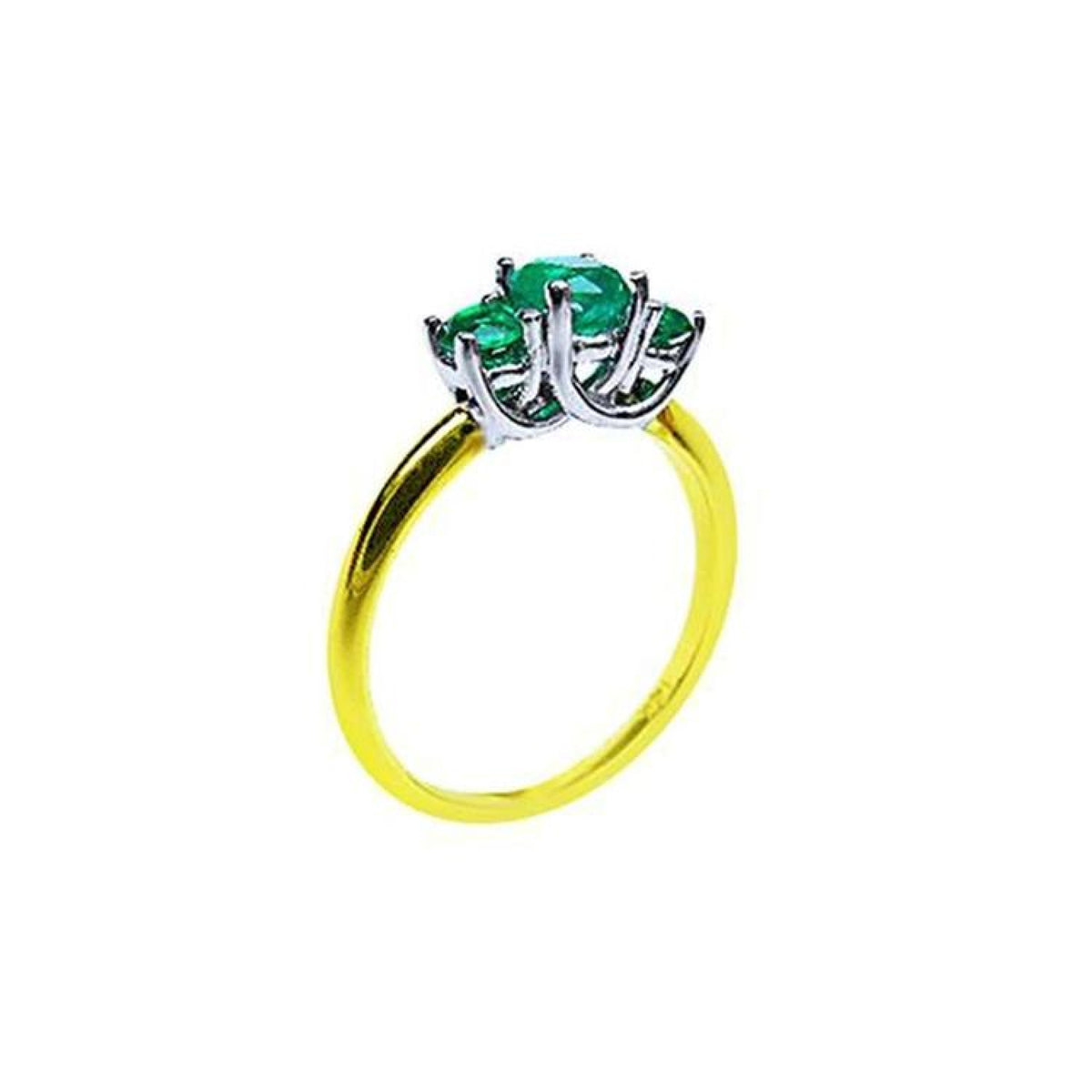 Lucida style three-stone emerald ring with round cut green emeralds prong-set in white and yellow gold.