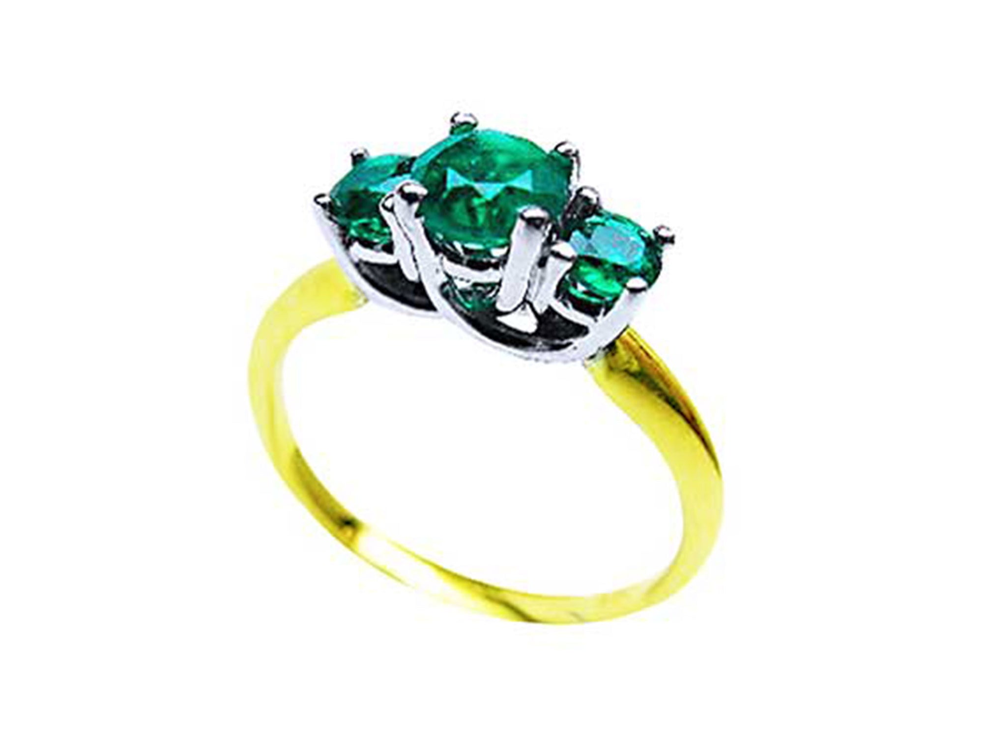 From a partial side angle, this emerald ring reveals the top setting, a portion of the gallery, and the band design.