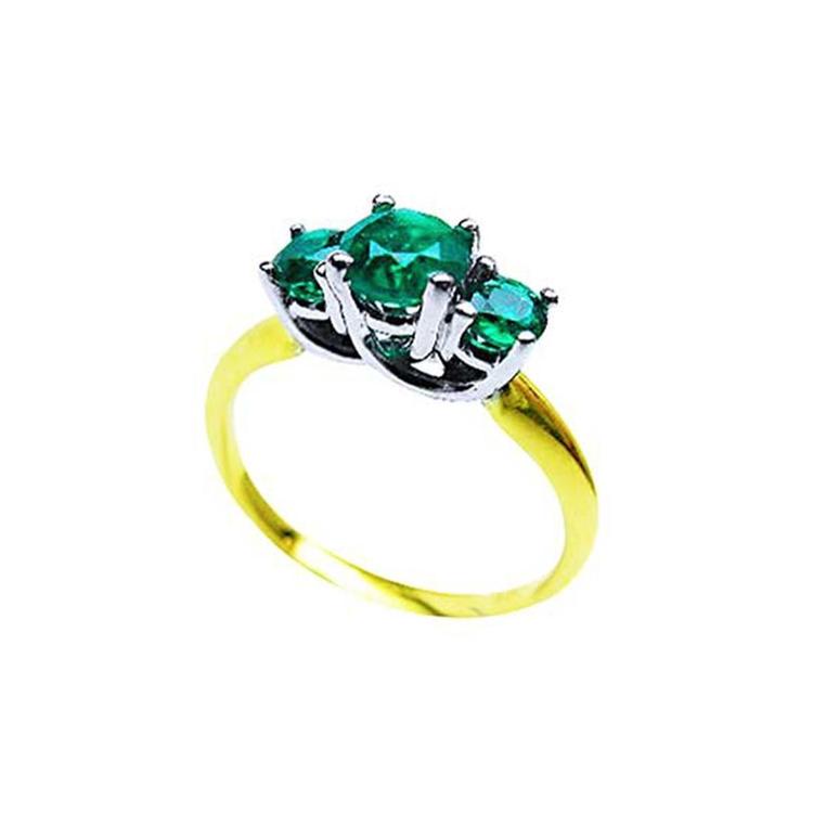 Round cut three-stone emerald ring, 0.62 cttw, with prong-set stones in white and yellow gold.