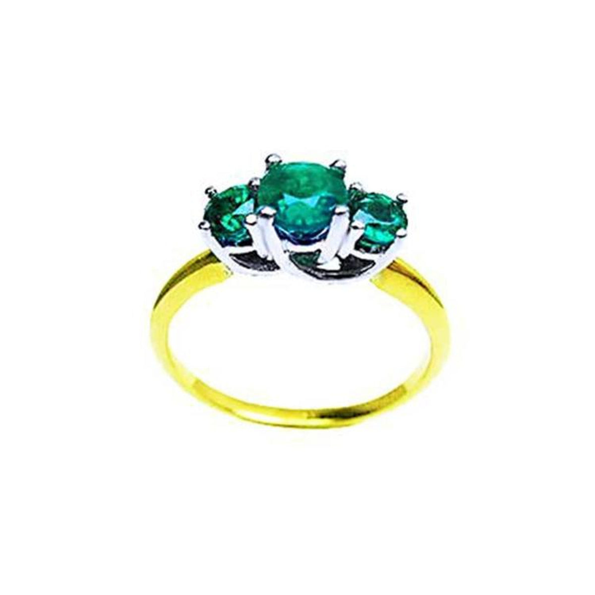 Round cut three-stone emerald ring with prong-set stones in white and yellow gold.