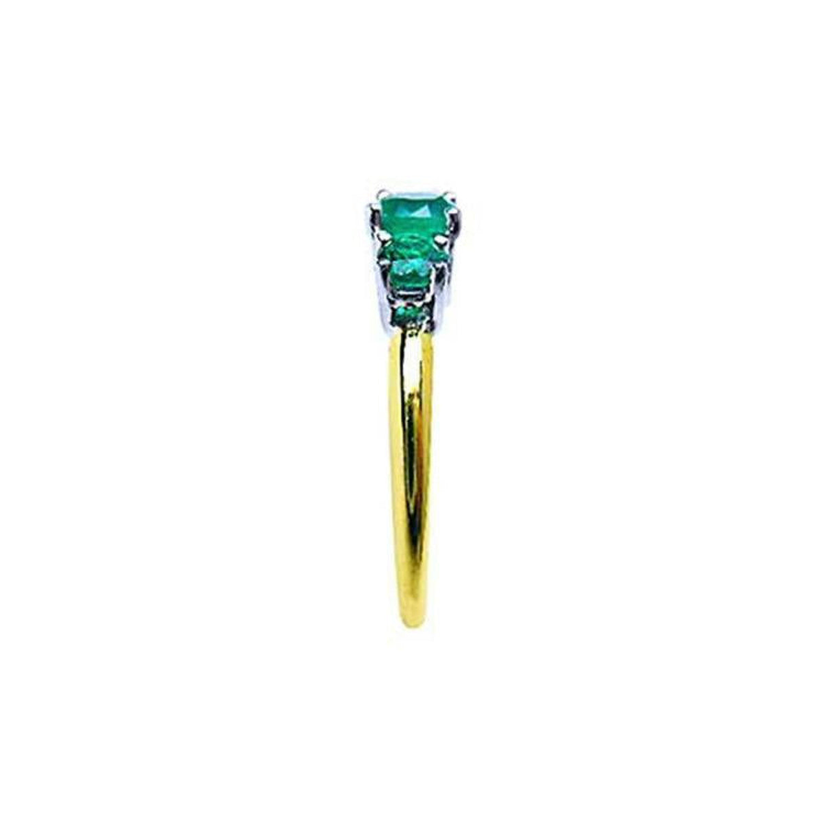 Lucida style round cut three-stone emerald ring with white and yellow gold band.