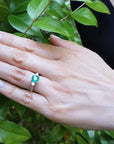 Hand wearing a real Colombian emerald ring against a green leafy background.