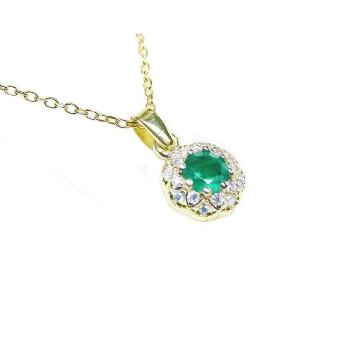 Colombian Round cut Emerald Minimalist Necklace 14K Yellow Gold