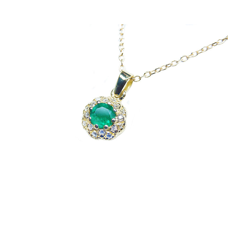 Colombian Round cut Emerald 0.22 Carats Minimalist Necklace 14K Yellow Gold