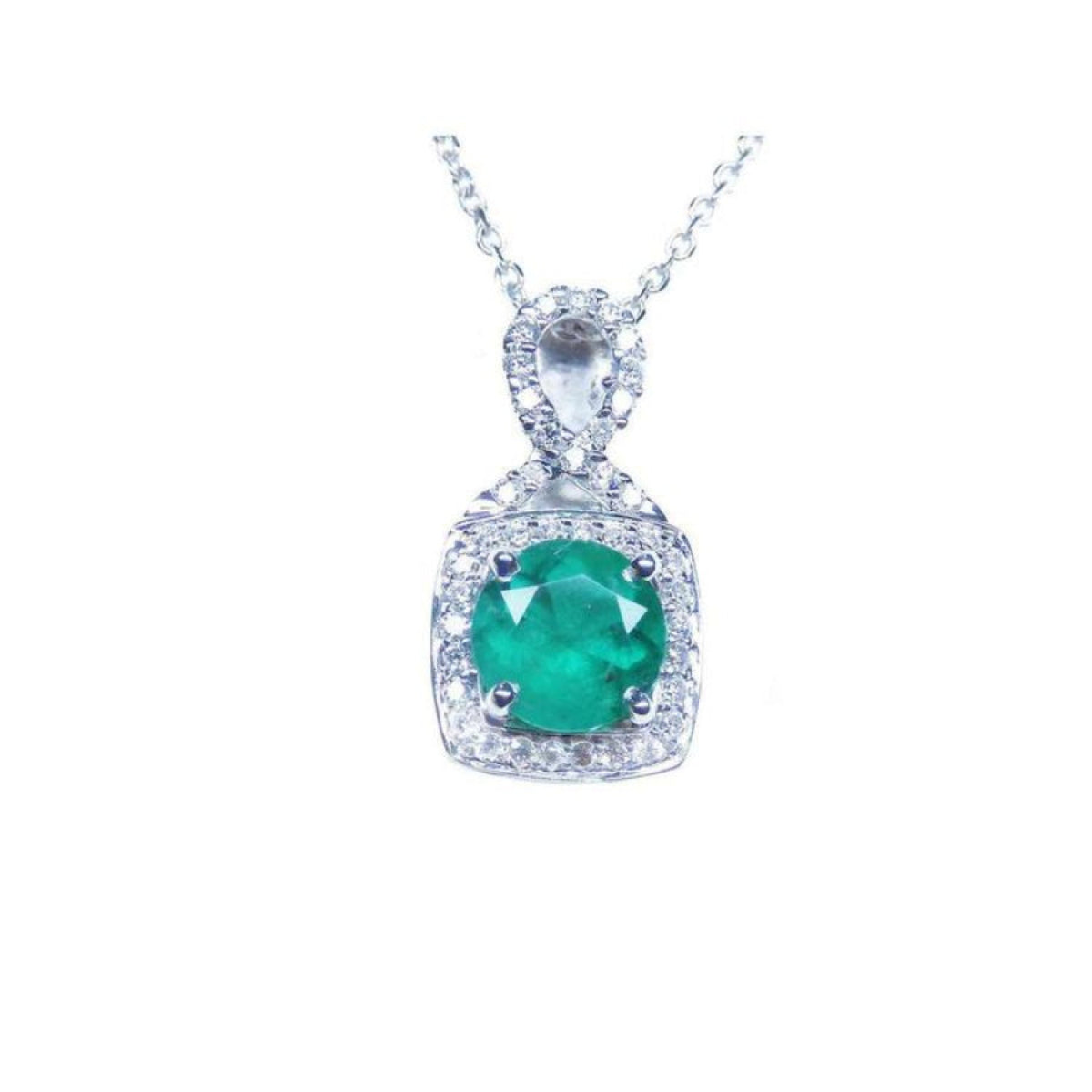 Round deep bluish-green emerald and diamond halo pendant in 18K white gold.