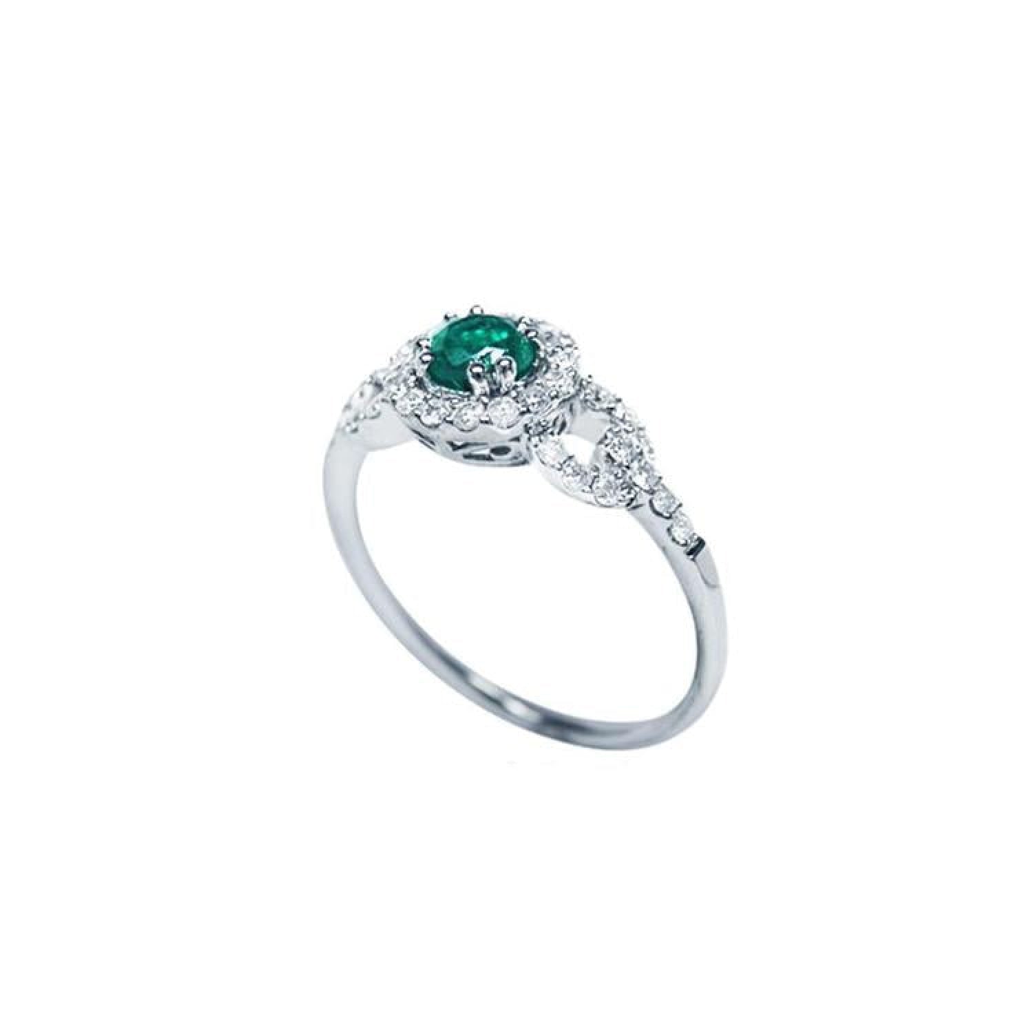 14K white gold ring with a round emerald center stone surrounded by a halo of natural diamonds.