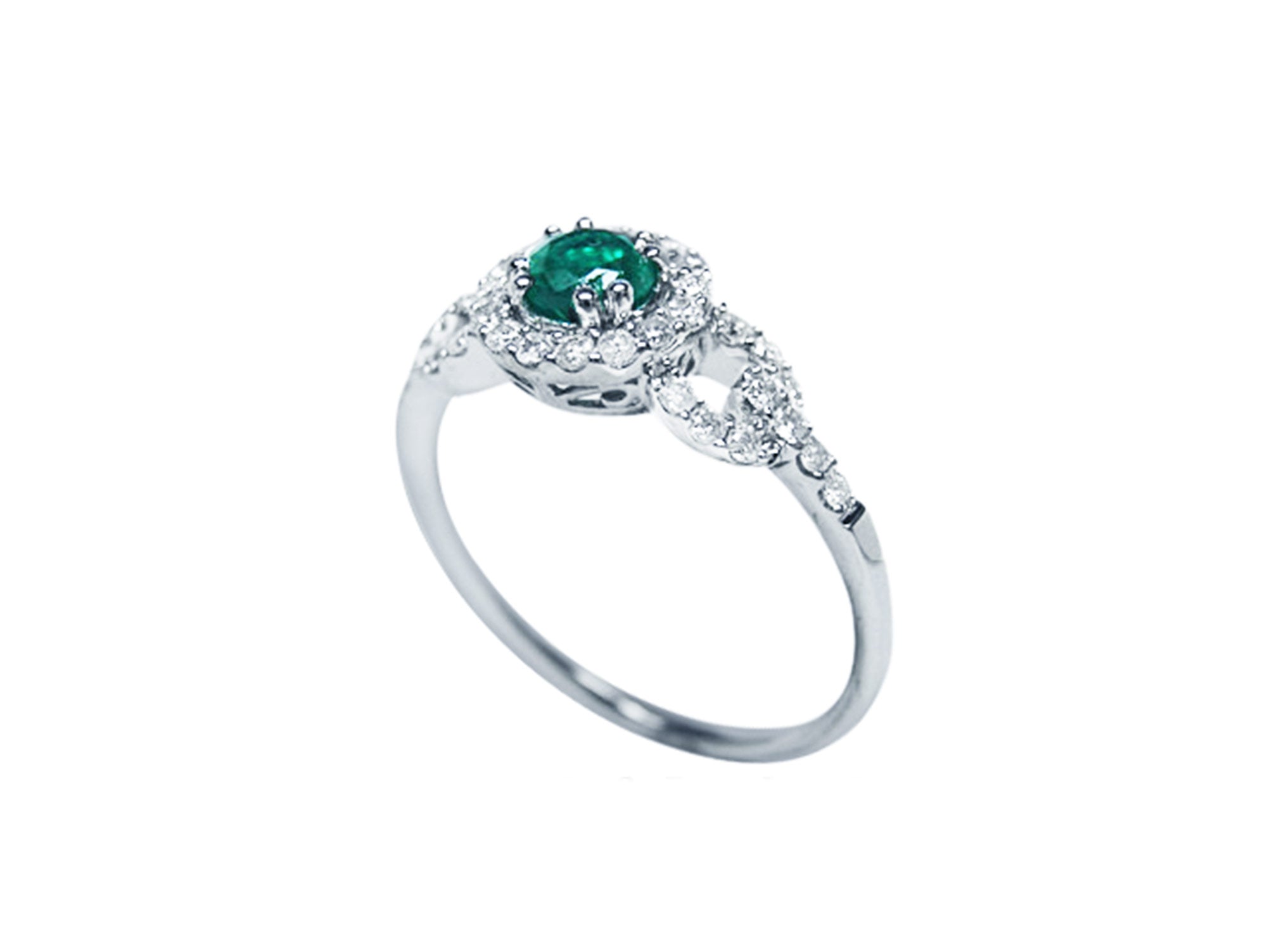 Colombian halo emerald ring showcasing the top and side profile view.