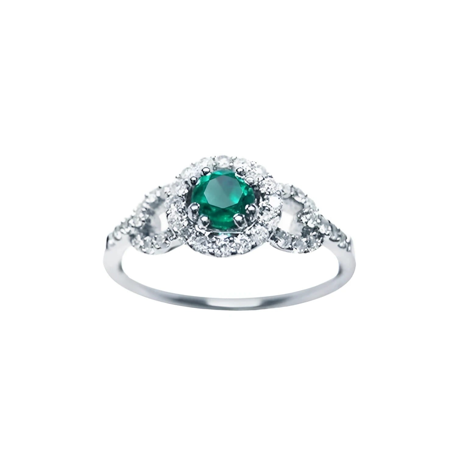 This women's ring features a Colombian emerald with a round cut, surrounded by a halo of natural diamonds.