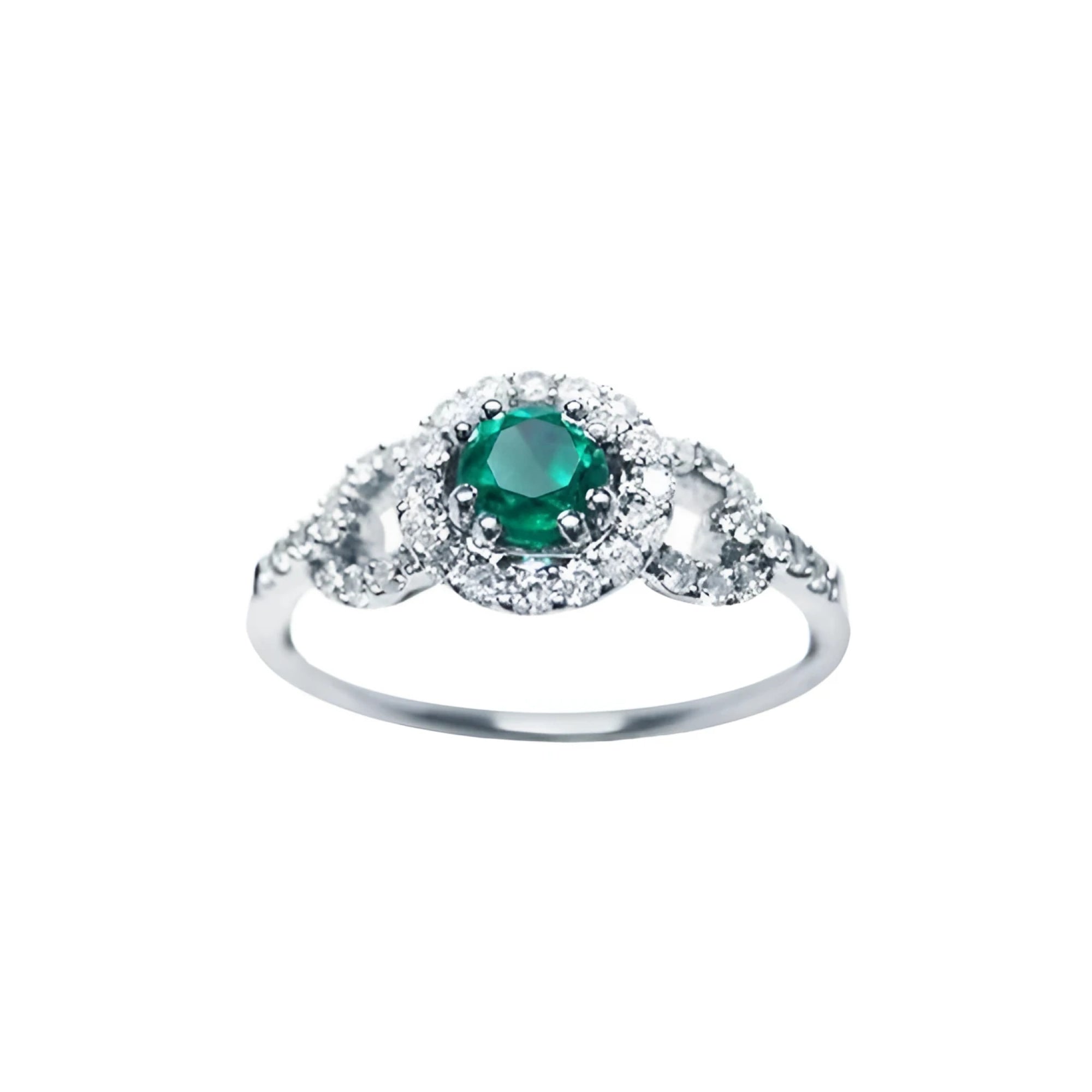 This women's ring features a Colombian emerald with a round cut, surrounded by a halo of natural diamonds.