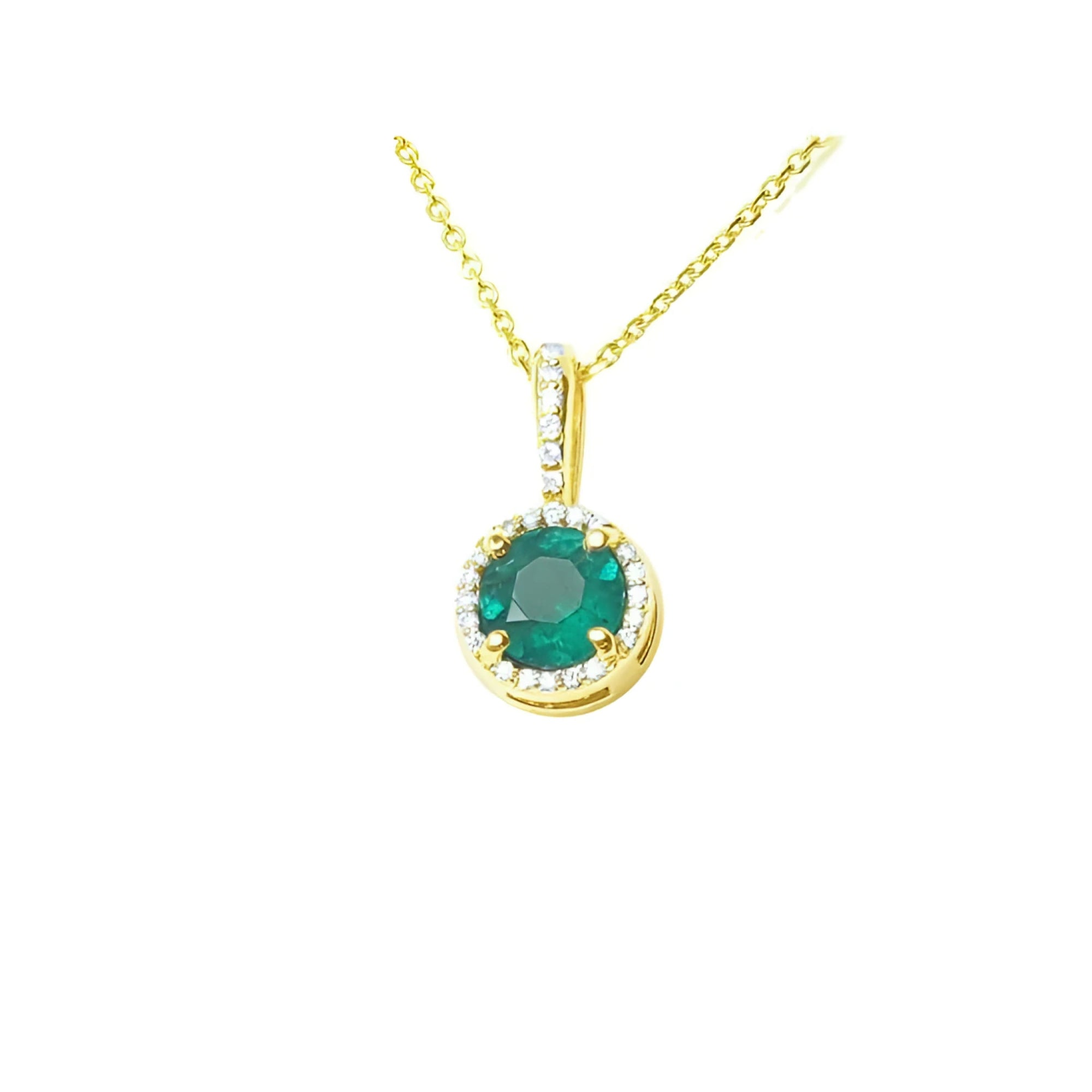 Round cut Colombian emerald pendant necklace with halo diamonds in 14K gold.