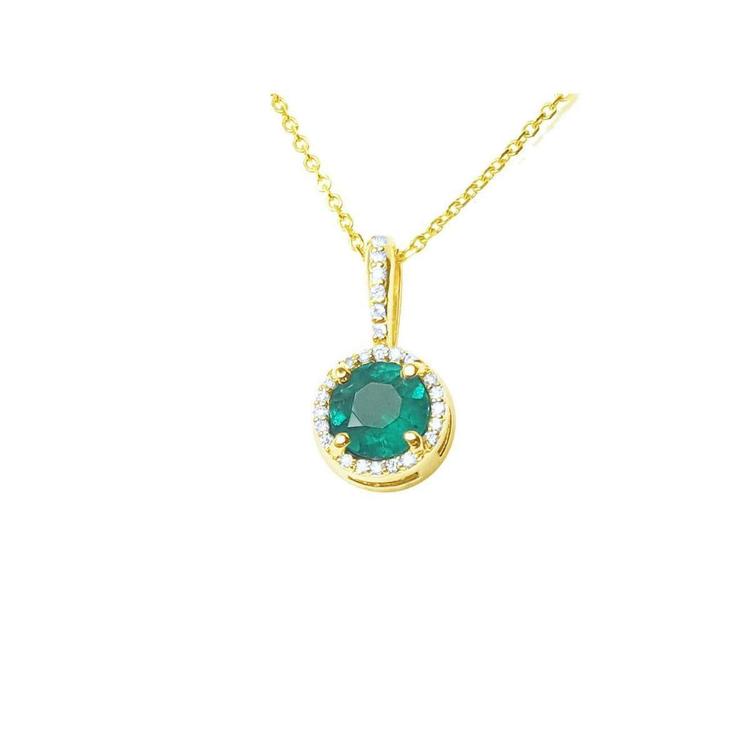A round cut natural emerald encircled in a halo diamond pendant in yellow gold.