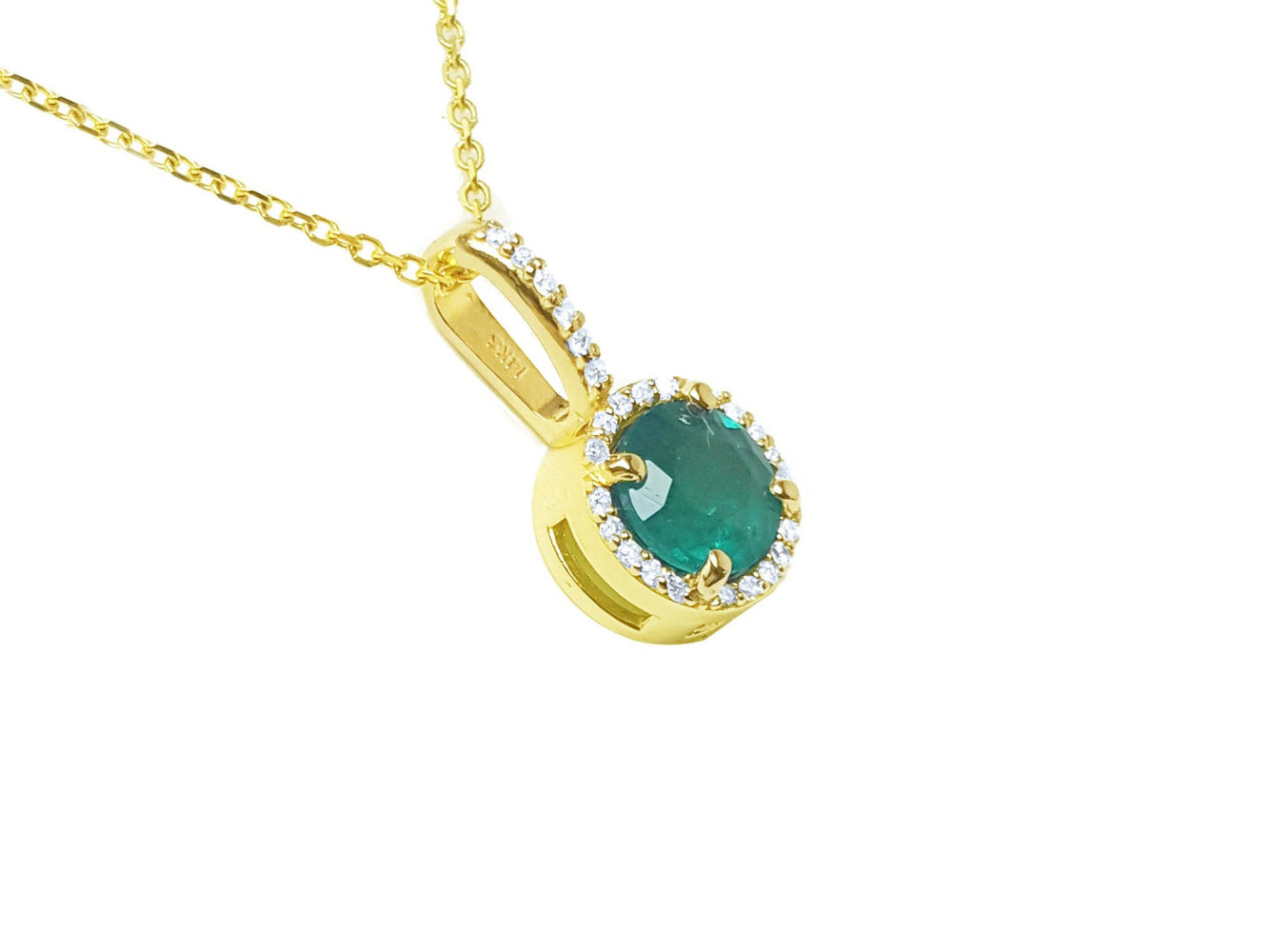 A yellow gold round cut emerald pendant necklace displaying the topside and gallery profile.