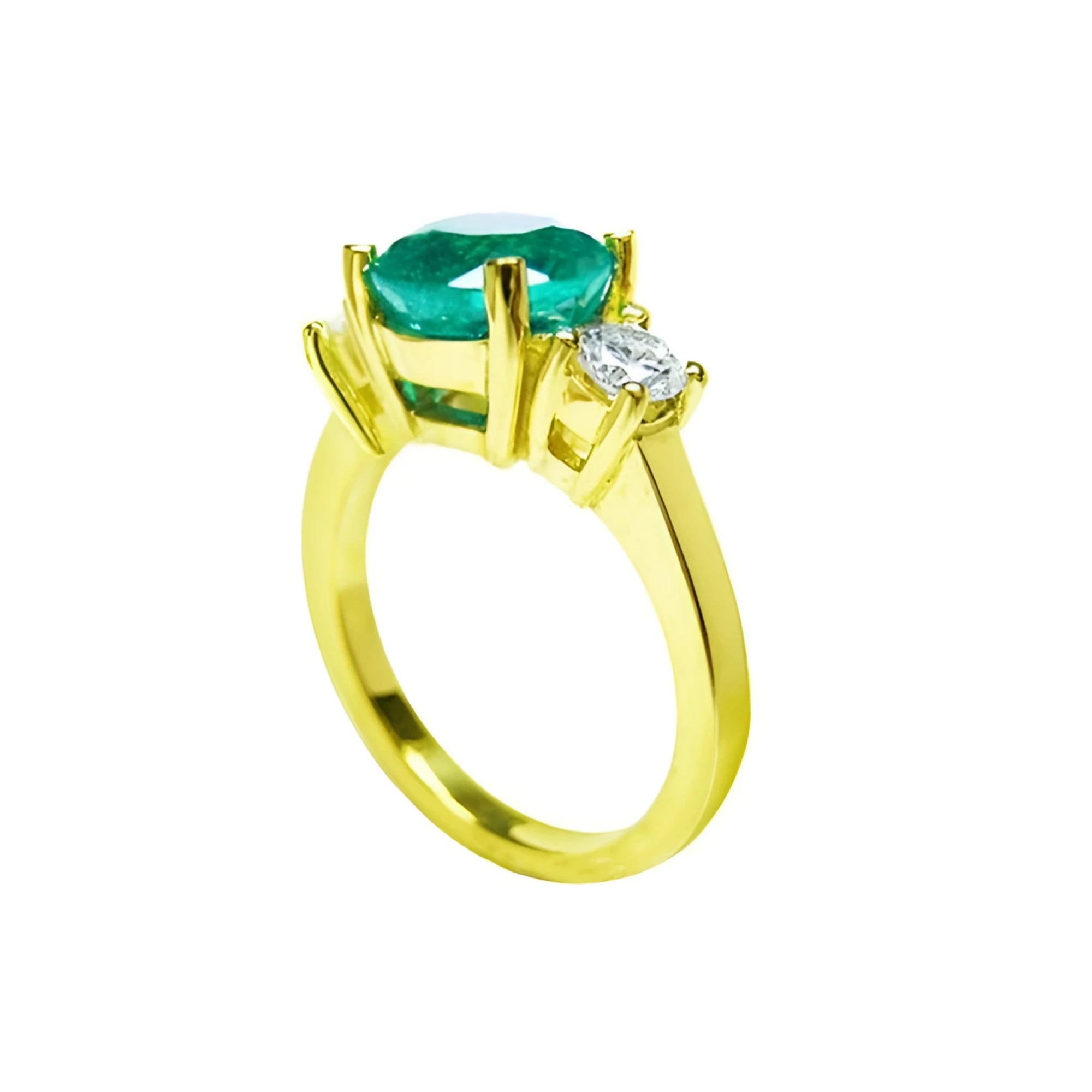 2.44 ct. GIA certified F1 Colombian emerald three-stone ring with round diamonds in 18K yellow gold.