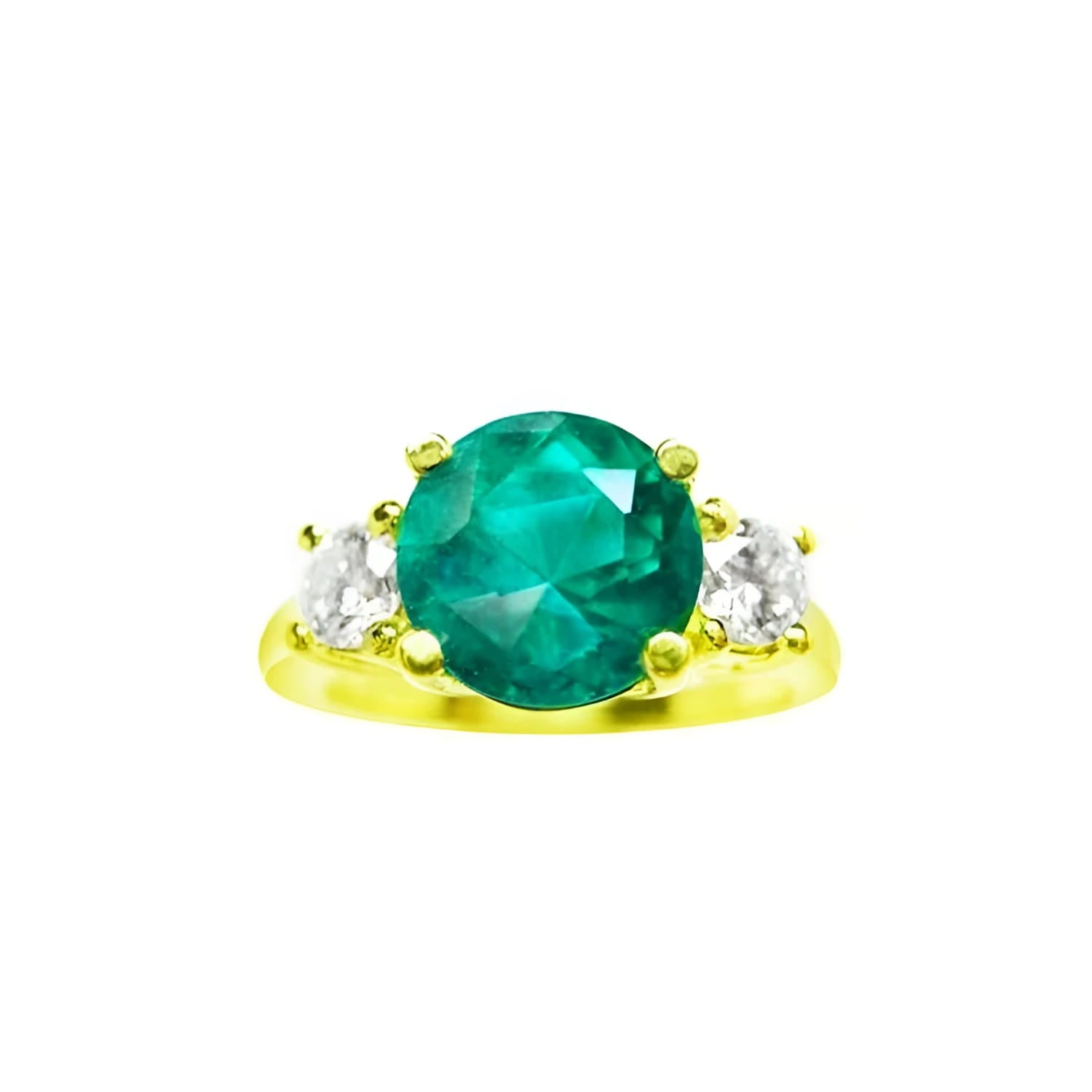 GIA certified F1 round Colombian emerald three-stone ring with accent diamonds in 18K yellow gold.