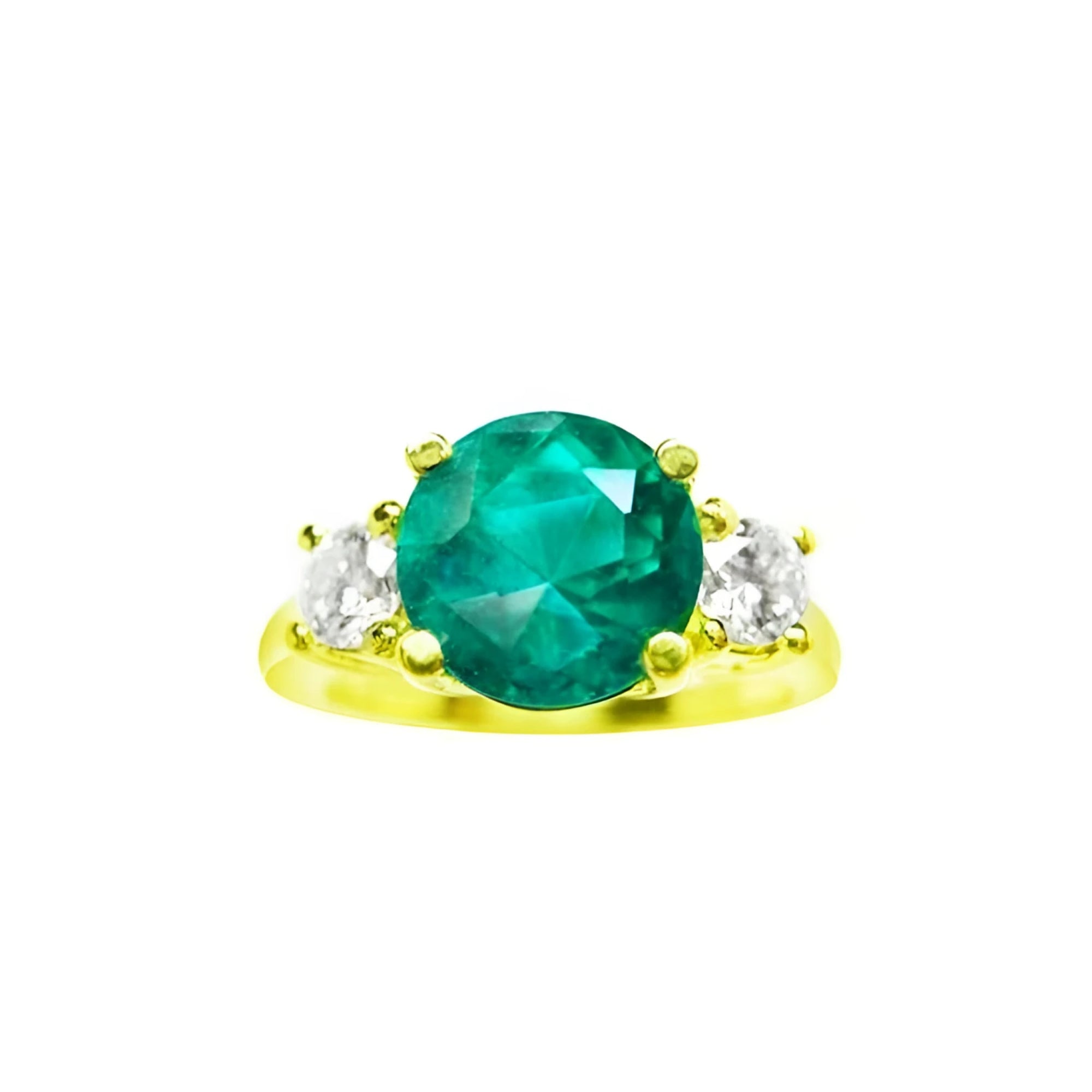 GIA certified F1 round Colombian emerald three-stone ring with accent diamonds in 18K yellow gold.