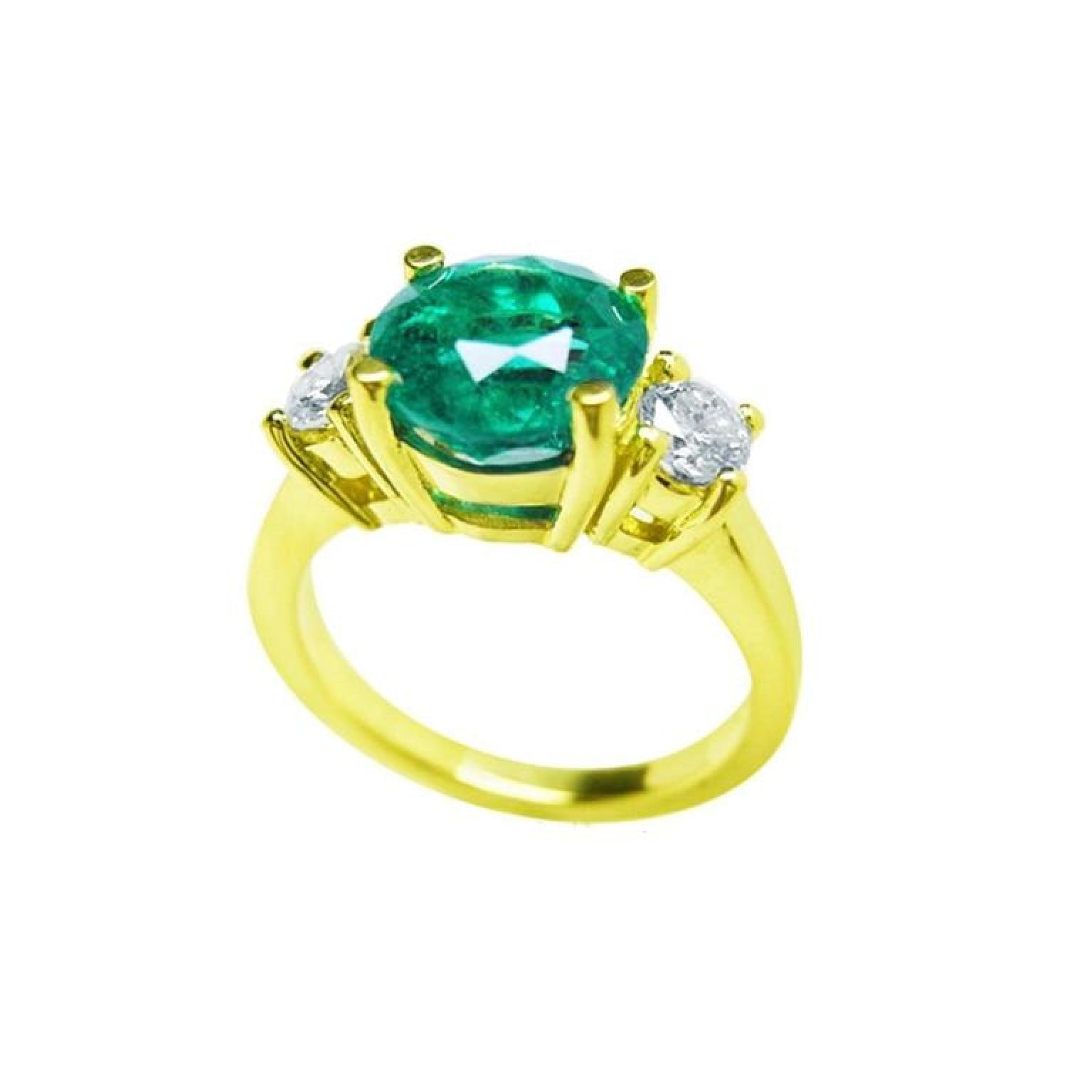 2.44 ct. GIA certified F1 Colombian emerald three-stone ring with round diamonds in 18K yellow gold.