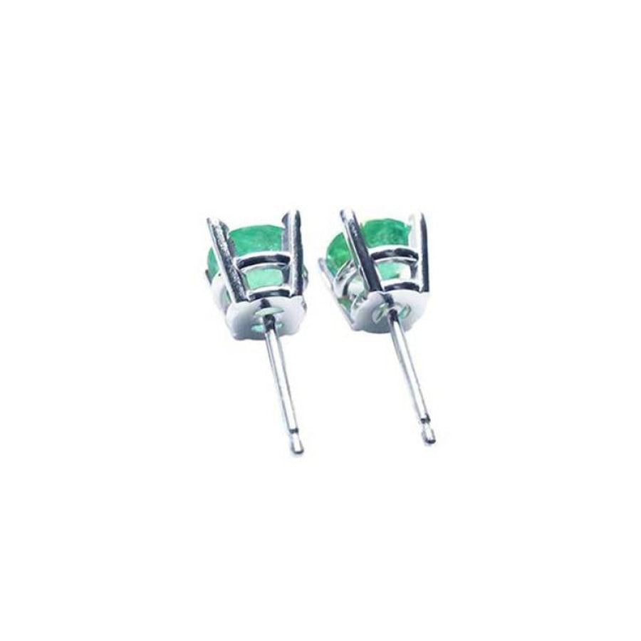 Pair of round green emerald stud earrings in 14k white gold, viewed from the back.