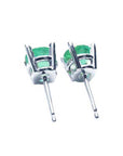 Pair of 14k gold emerald stud earrings in 14k white gold, underside profile view.