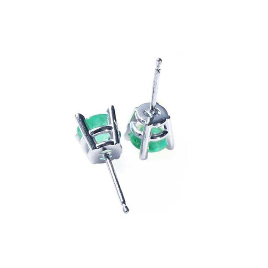 0.89 ct. round Colombian emerald stud earrings in 14k white gold, showing posts and backs.