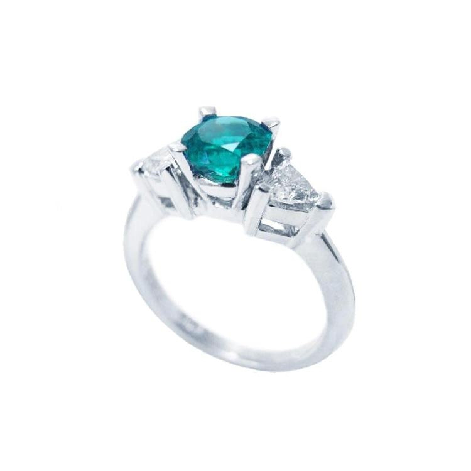 1.00 ct. round emerald ring with trillion side diamonds in 14K white gold.
