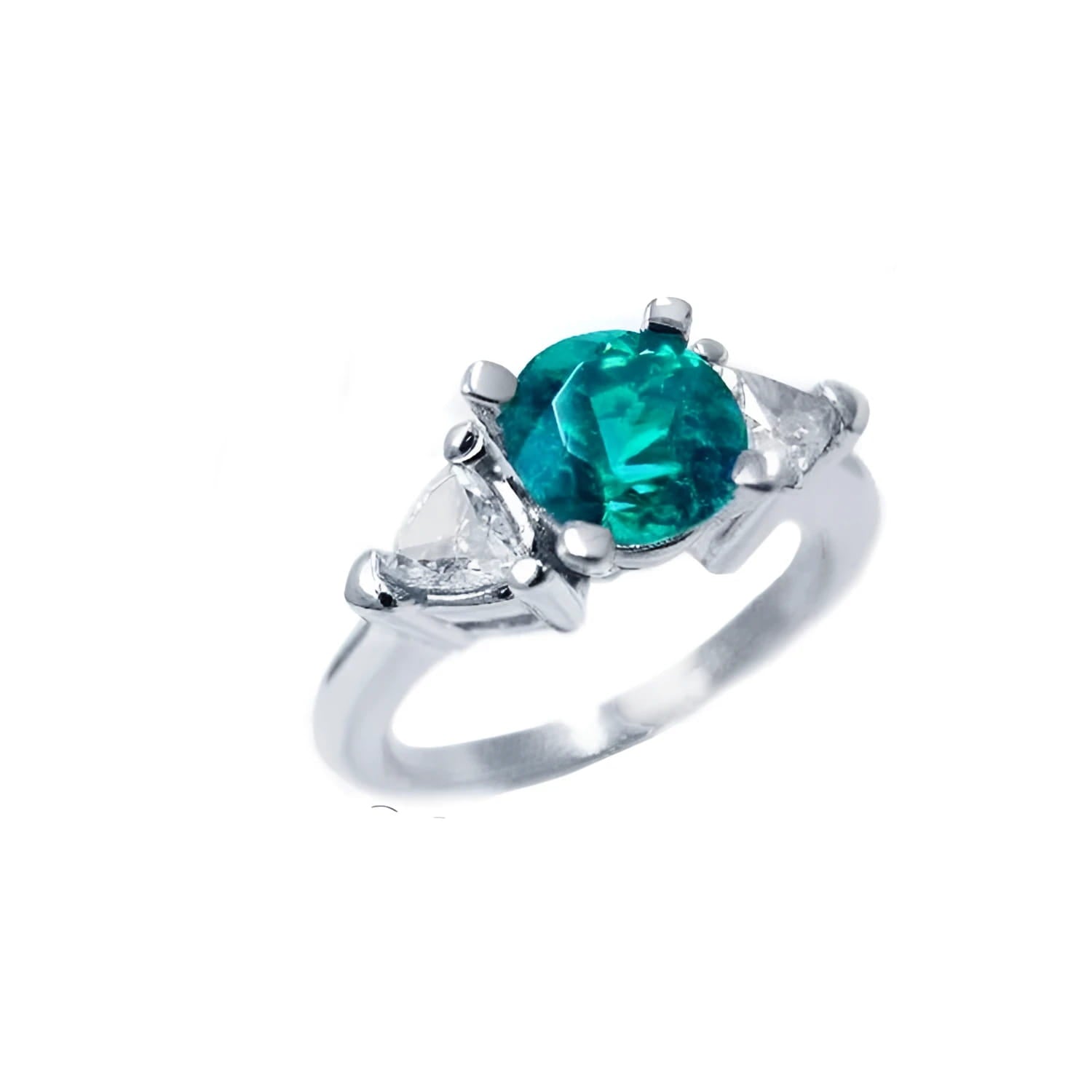 1.00 ct. round emerald ring with trillion side diamonds in 14K white gold.