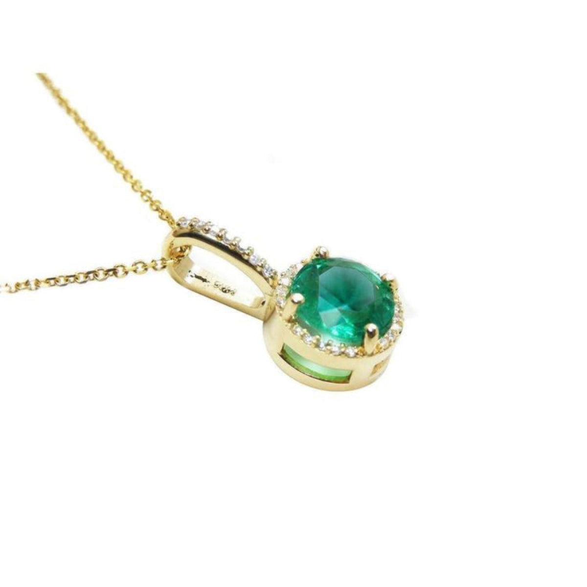1.80 ct. round natural emerald pendant necklace with halo diamonds in 14K yellow gold.