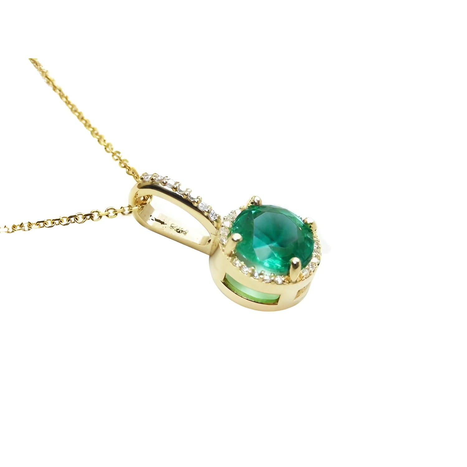 1.80 ct. round natural emerald pendant necklace with halo diamonds in 14K yellow gold.