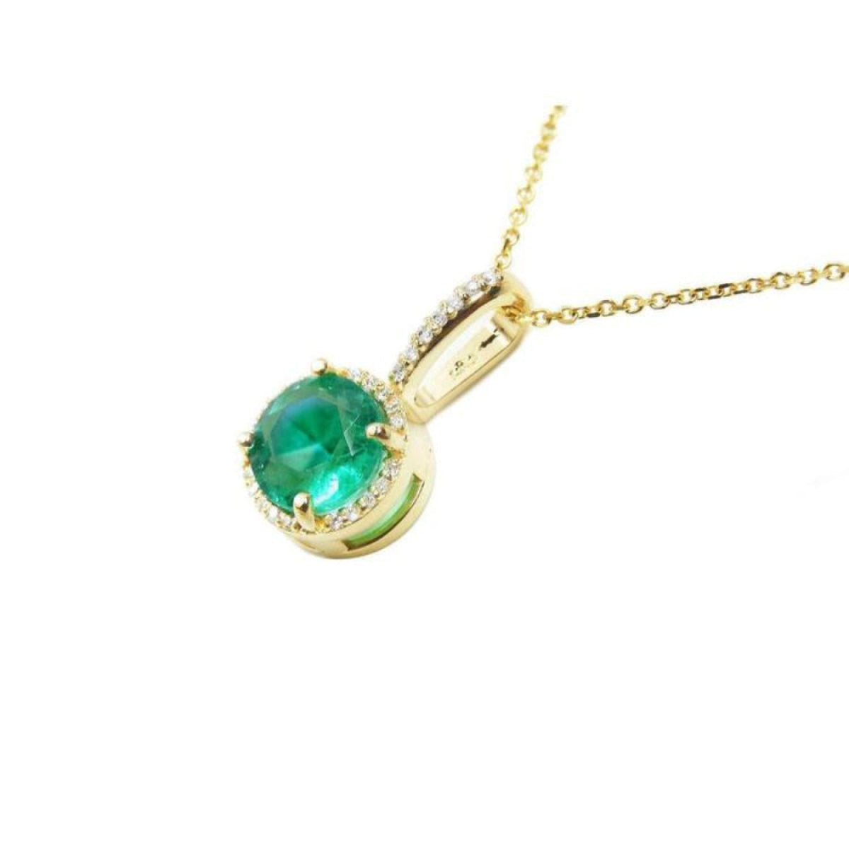 1.80 ct. round natural emerald pendant necklace with halo diamonds in 14K yellow gold.