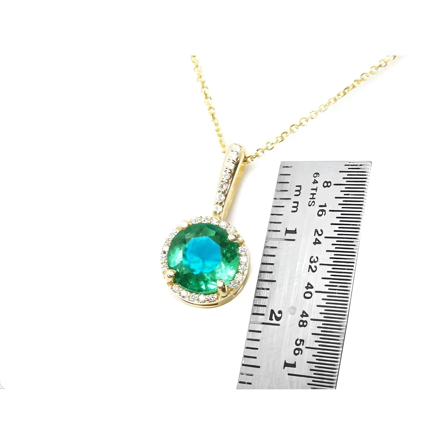 1.80 ct. round natural emerald pendant with halo diamonds on a 14K yellow gold chain.