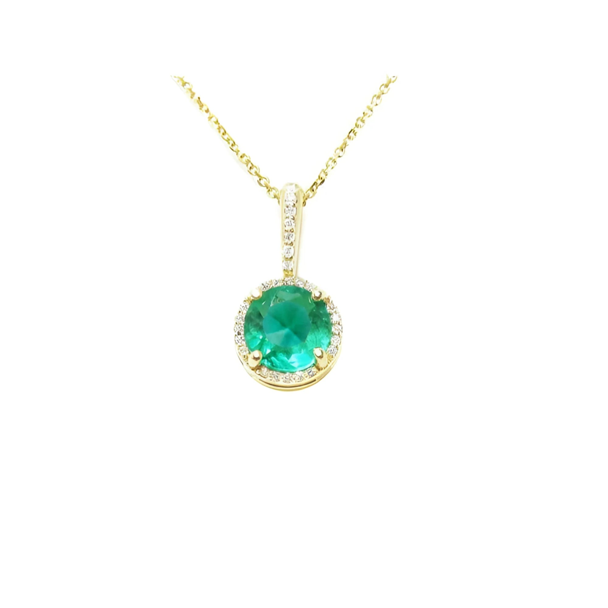 Round-cut natural emerald pendant necklace with halo diamonds in 14K yellow gold.