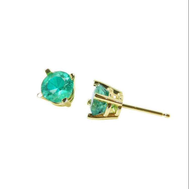Round natural Colombian emerald stud earrings in 14K gold basket settings with push backs.