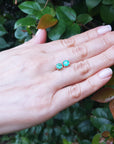 Hand showing a pair of round cut emerald stud earrings against a green leafy background.
