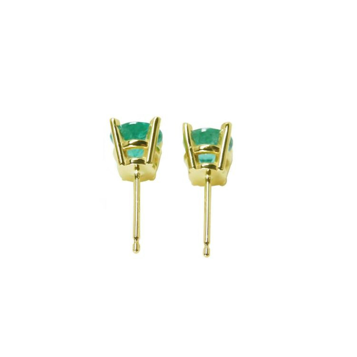 Pair of 1.09 ct. round natural Colombian emerald stud earrings in 14K gold basket settings with push backs.