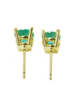 Baket settings 14k yellow gold emerald stud earrings round cut, side profile view.
