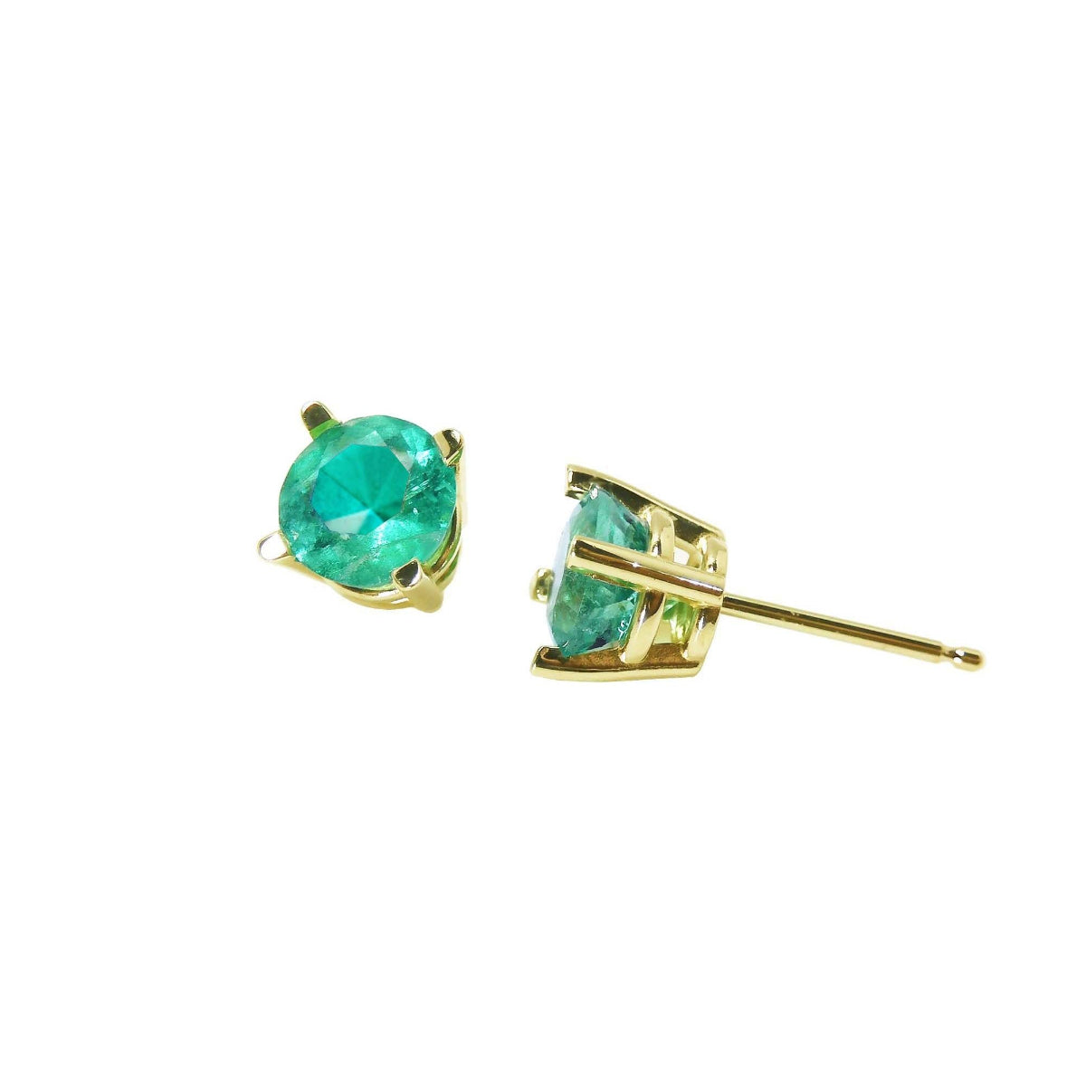 14k yellow gold emerald stud earrings round cut, on a front-and side positions top and profile view.