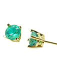 14k yellow gold emerald stud earrings round cut, on a front-and side positions top and profile view.
