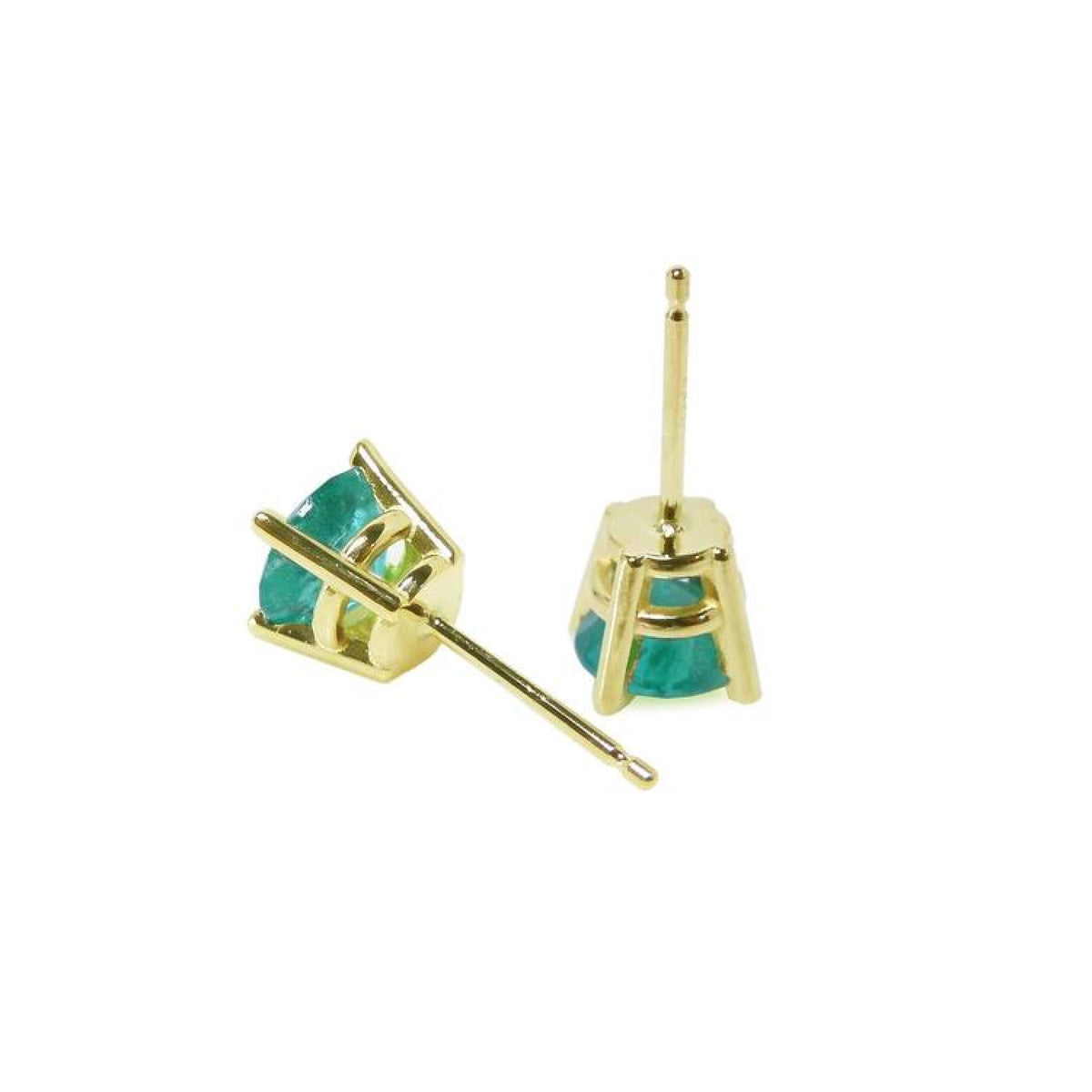 Pair of round natural Colombian emerald stud earrings in 14K gold basket settings with push backs.