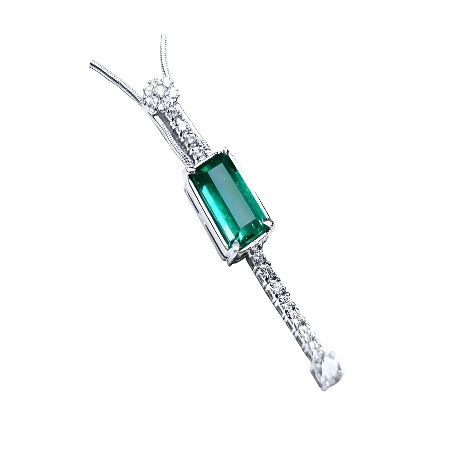 A women's natural Colombian emerald necklace, accented by straight line of natural diamonds crafted in 14k white gold.
