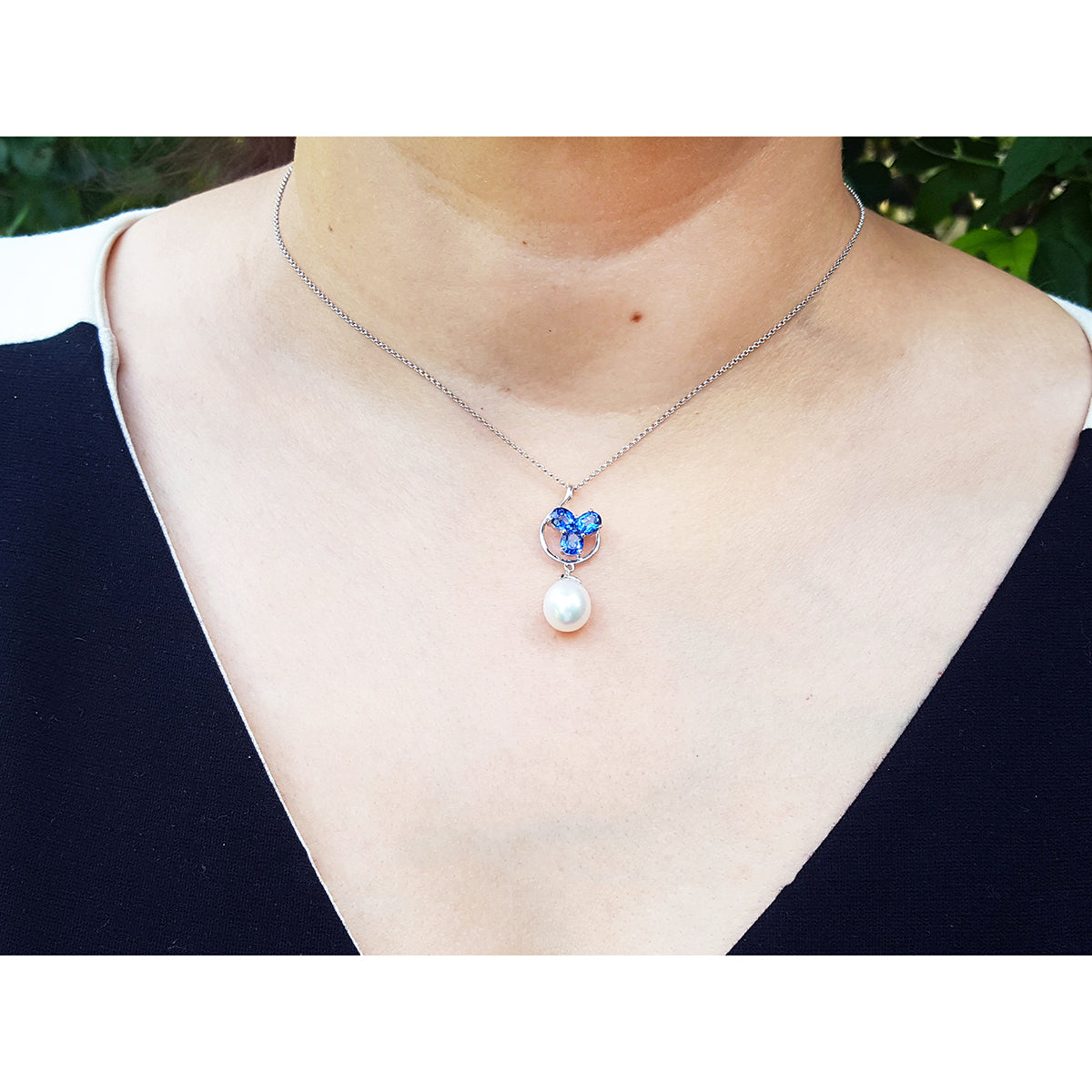 1.76 ct. Natural Sapphire Cluster Necklace Pendant and Dangling Pearl in 14K White Gold