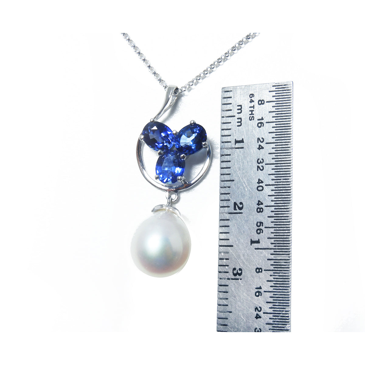 1.76 ct. Natural Sapphire Cluster Necklace Pendant and Dangling Pearl in 14K White Gold